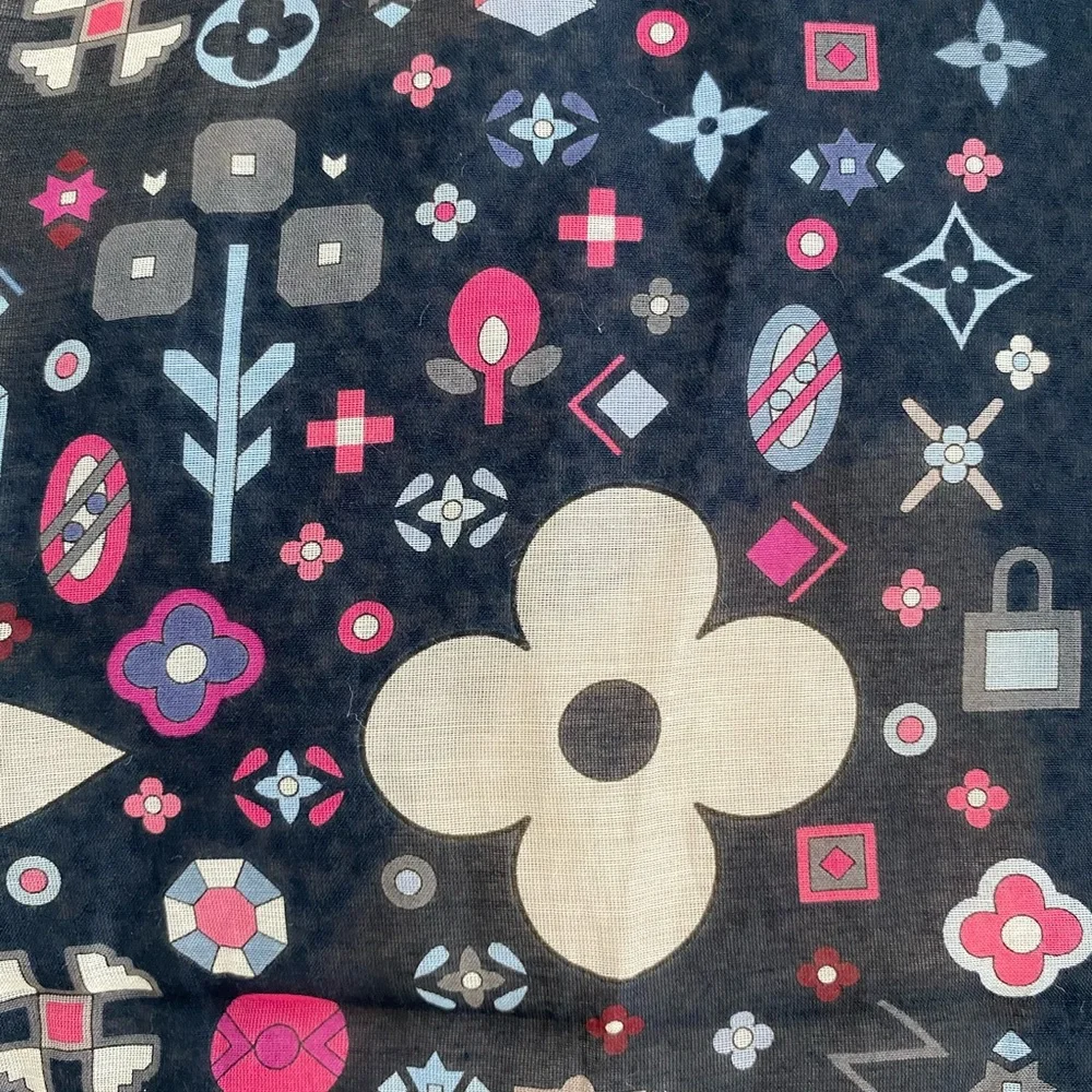 Louis Vuitton Silk Scarf Navy Monogram Floral Print Bandana Style Authentic - Picture 8 of 8